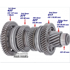 Output shaft №1 Output Shaft 1 DCT450 (MPS6) differential drive gear 15T, OD 58.50 mm, 3 mark; 2nd (41T, OD 118.50mm); 4th (32 OD 84mm); 3rd (37T, OD 98mm); 1st (43T, OD 137mm, 1 mark)