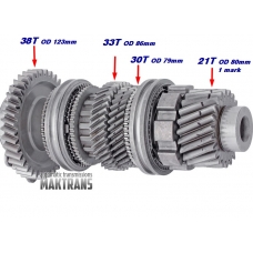 Output shaft №2 Output Shaft 2 DCT450 (MPS6) differential drive gear 21T, OD 80mm, 1 mark; 6th (30T, OD 79mm); 5th (33 OD 86mm); Reverse Gear (38T, OD 123mm)