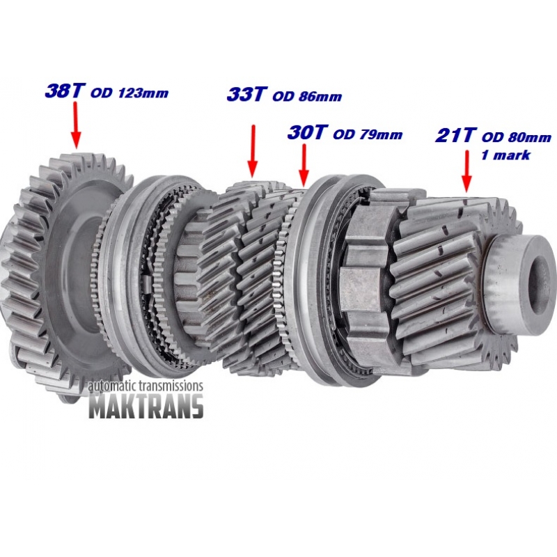 Output shaft №2 Output Shaft 2 DCT450 (MPS6) differential drive gear 21T, OD 80mm, 1 mark; 6th (30T, OD 79mm); 5th (33 OD 86mm); Reverse Gear (38T, OD 123mm)