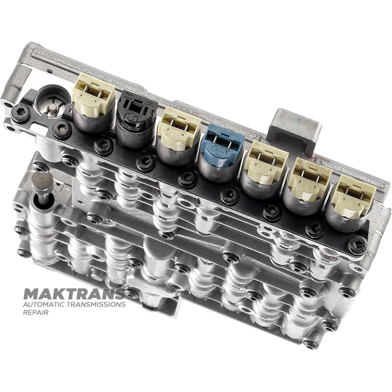 Valve body regenerated 6HP19A 6HP26A GEN1 M-shift [1068427182 1068427181, separator plate A052] with solenoids [5 yellow / 1 blue / 1 black 1068298045] 