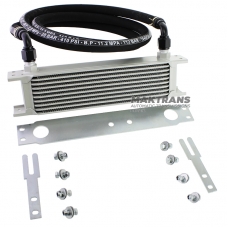 Universal oil radiator 9-row thread pitch 3/4"x16 Fitting AN8 complete with fastening, fittings and hose for connection.