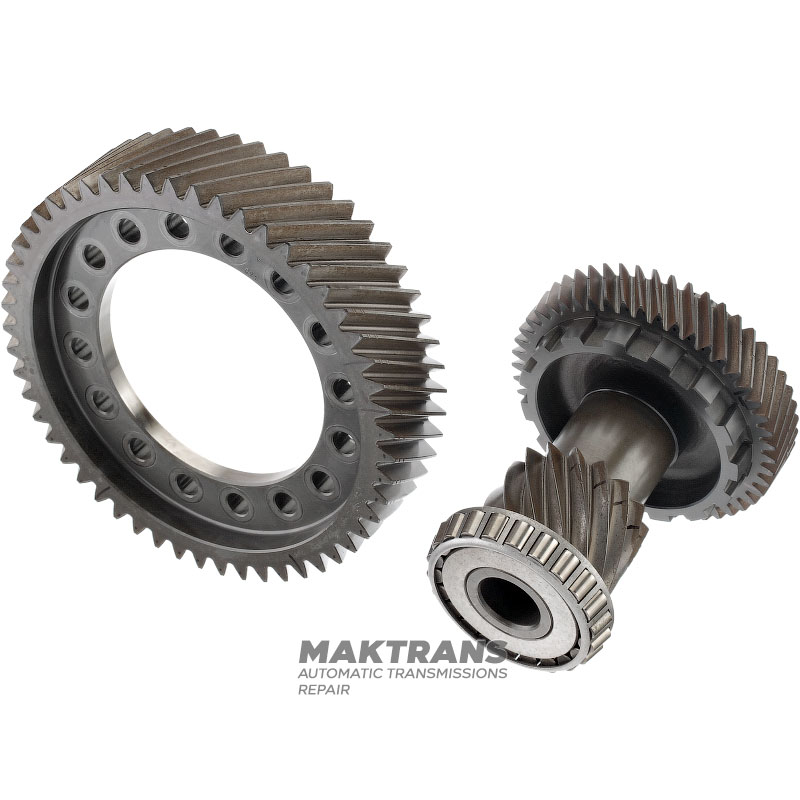 The main pair of helical gears of the Aisin Warner TG81-SC differential is an intermediate shaft with 15 teeth (ext.Ø 67.45 mm, 3 notches) / 48 teeth (ext.Ø 134.60 mm, 1 notch), differential gear with 52 teeth (ext.Ø 205.80 mm, 2 notches)