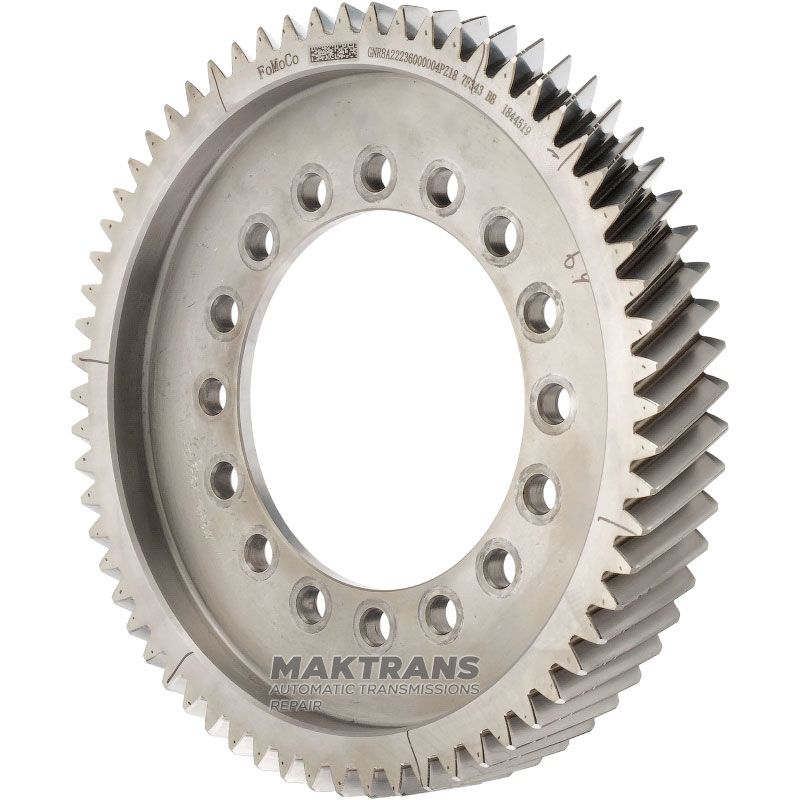 FORD HF45 HF55 eCVT differential helical gear PZ18-7F343-BB — 64 teeth (ext.Ø 248.75 mm, 2 notches, width 34.70 mm), 16 mounting holes