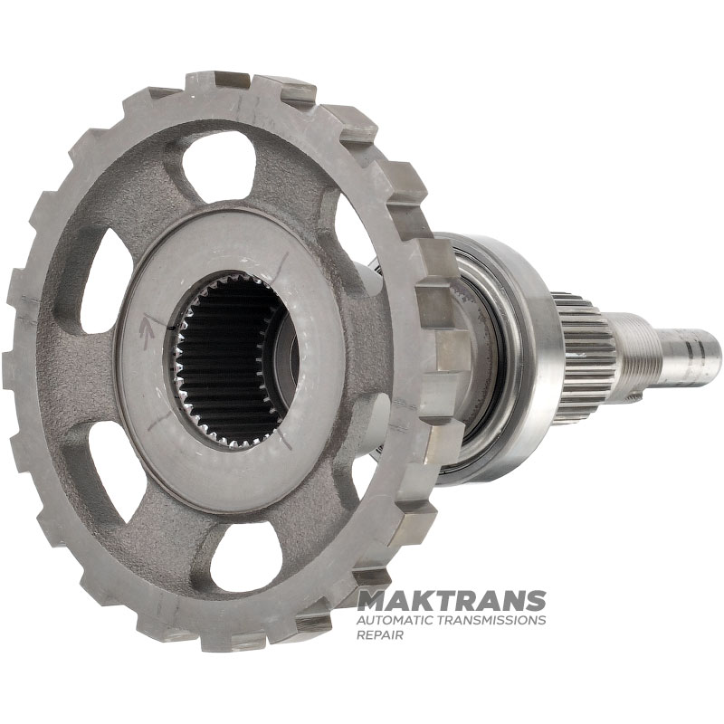 Output shaft NISSAN RE5R05A RE7R01A / JATCO JR507A JR710E - overall shaft height, 32 splines (outer Ø 34 mm), parking gear 20 teeth (outer Ø 129.95 mm), 36 splines on the inner side