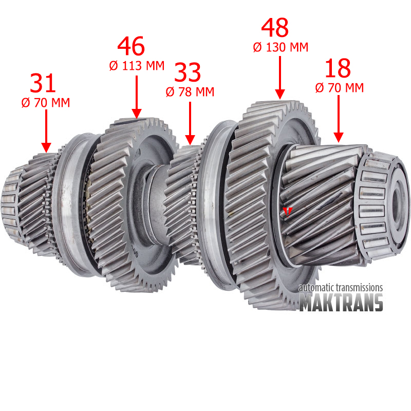 Output shaft of differential drive No. 2 VAG DSG DQ500 0BT, 0BH — 18 (Ø 70 mm), 48 (Ø 130 mm), 33 (Ø 78 mm), 46 (Ø 113 mm), 31 (Ø 70 mm)