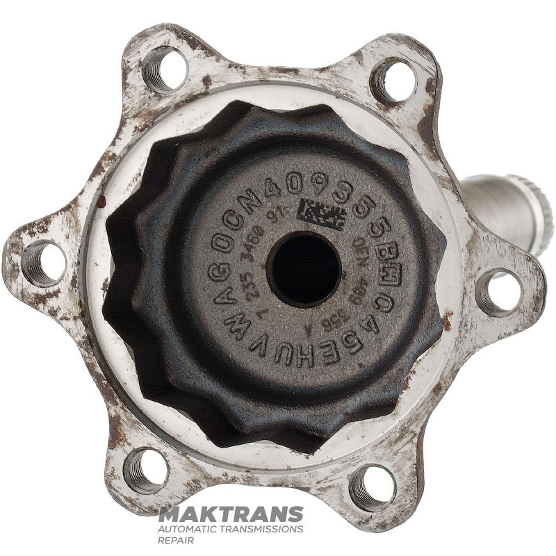 Flange shaft (transfer case) VAG DSG6 DQ250 02E - 0CN409355B, total length 334 mm, 6 mounting holes (distance between centers 50 mm)