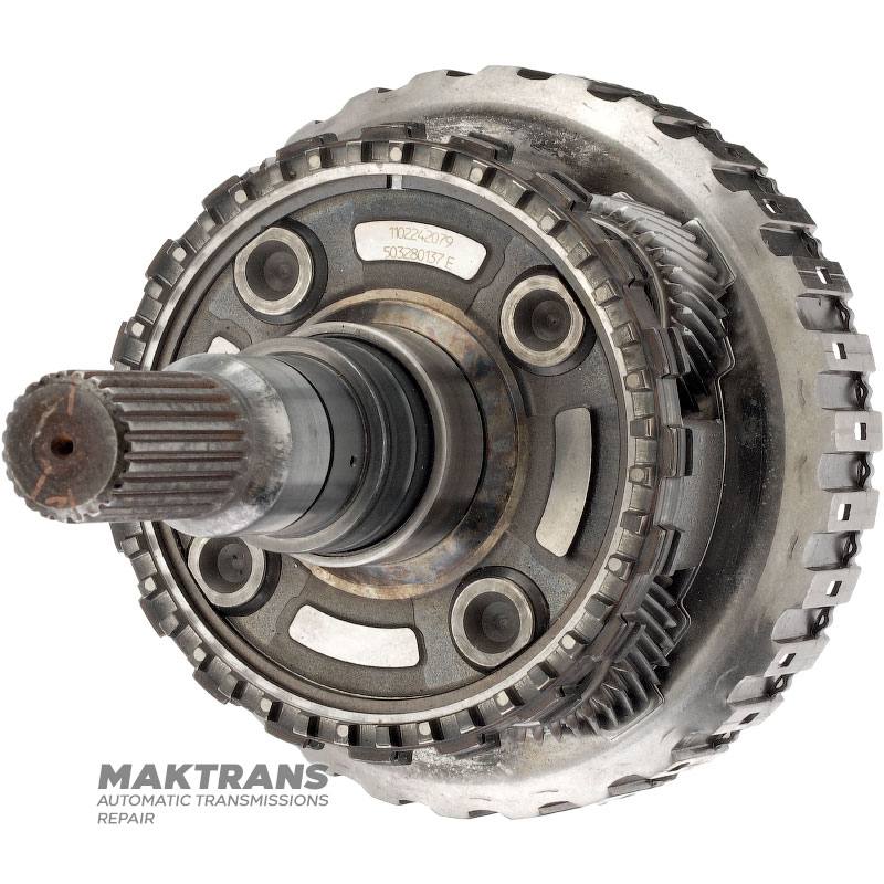 Output shaft, D-clutch drum, planetary gear #4 ZF 8HP70, 1102242079 - overall height 233 mm, 4 satellites (37 teeth), 23 splines (ext. Ø 30.80 mm, spline length 50 mm), removable parking gear