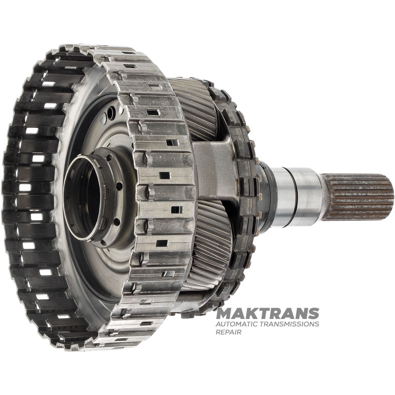 Output shaft, D-clutch drum, planetary gear #4 ZF 8HP70, 1102242079 - overall height 233 mm, 4 satellites (37 teeth), 23 splines (ext. Ø 30.80 mm, spline length 50 mm), removable parking gear