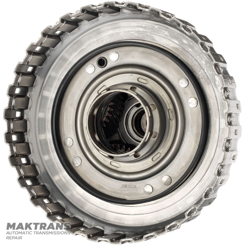 Output shaft, D-clutch drum, planetary gear #4 ZF 8HP70, 1102242079 - overall height 233 mm, 4 satellites (37 teeth), 23 splines (ext. Ø 30.80 mm, spline length 50 mm), removable parking gear
