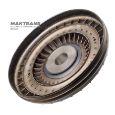 Nissan RE4R03A / JATCO JR403E torque converter pump wheel — outer Ø of housing 253.30 mm, outer Ø of journal 38.85 mm / 41.90 mm, torque converter marking KM