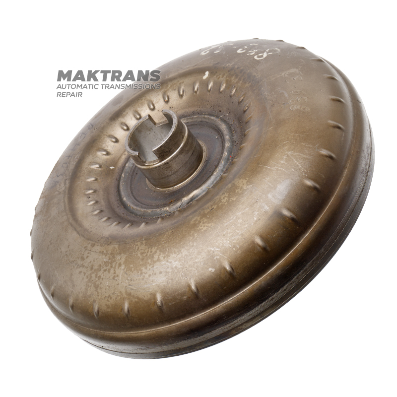 Nissan RE4R03A / JATCO JR403E torque converter pump wheel — outer Ø of housing 253.30 mm, outer Ø of journal 38.85 mm / 41.90 mm, torque converter marking KM