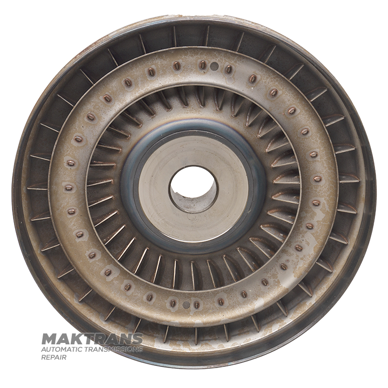 Nissan RE4R03A / JATCO JR403E torque converter pump wheel — outer Ø of housing 253.30 mm, outer Ø of journal 38.85 mm / 41.90 mm, torque converter marking KM